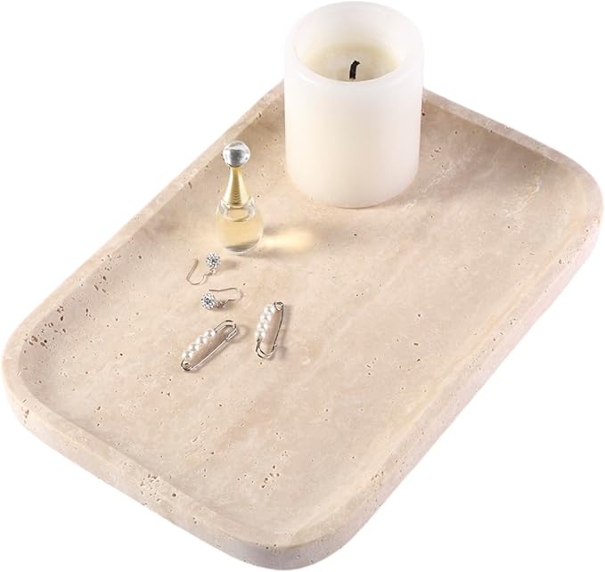 Marble Vanity Tray for Dresser Organizer, Travertine Bathroom Tray Countertop, Beige Decorative Serving Trays, Kitchen Sink Storage, Jewelry & Perfume Holder(Travertino Romano)