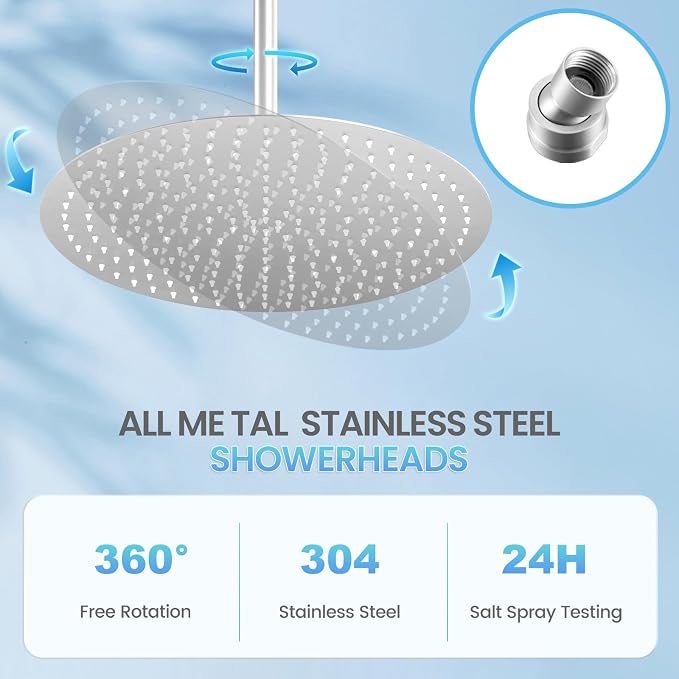 16 inch Ceiling Round Rain Shower Head Brushed Nickel - All Metal Stainless Steel 304, Full Body Round Rainfall Shower with 230 Silicone Nozzles