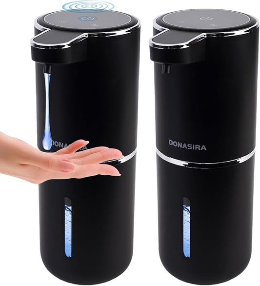 2 Pack DONASIRA Automatic Soap Dispenser, USB Rechargeable Hand Soap Dispenser, 4 Adjustable Soap Levels, IPX5 Waterproof, 12.8oz/380ml, Countertop or Wall Mounted for Bathroom and Kitchen, Black