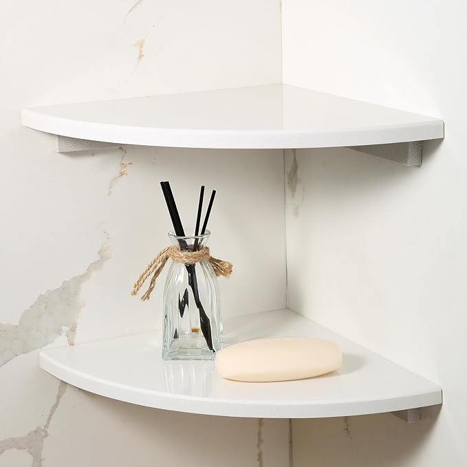 2 Pcs White Marble Corner Shower Shelf for Bathroom, 10'' Polished Marble Corner Shelves for Bath, Wall Mounted Stone Corner Shower Caddy, No Drilling Adhesive Shower Shelf