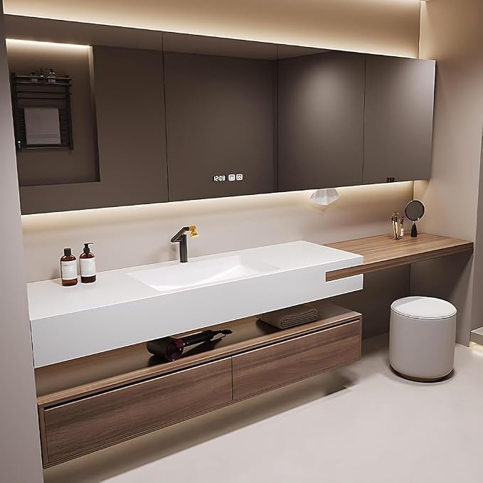 96 in Bathroom Vanity with Sink - Modern Floating Solid Wood Bathroom Sink Cabinet, Smart LED Mirror Cabinet, Durable Sintered Stone Countertop, Large Soft-Close Drawers, Includes a Stool