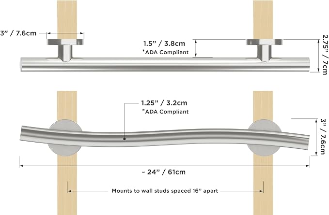 HEALTHCRAFT Wave Grab Bar 24" Single Pack, ADA Rail - Brushed Stainless | Wave-shaped decorative grab bar, ADA compliant, 500 lb capacity