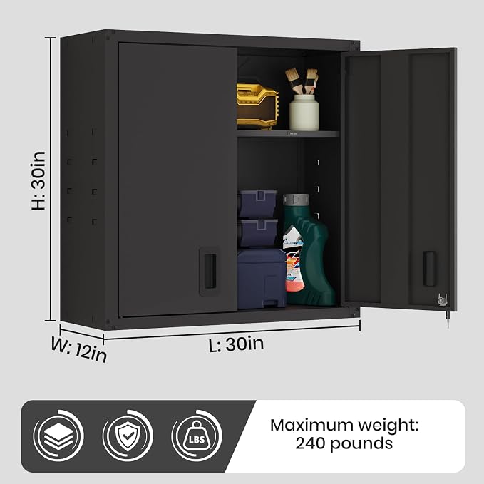 30 Inch Metal Wall Cabinet, Metal Wall Cabinet for Garage, 2pcs,Black | Wall Mount Cabinet with Lock and Adjustable Shelf, Lockable Storage Cabinet for Home Office,Garage,Gym,School
