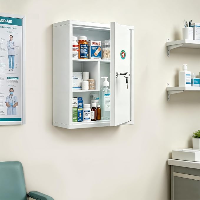KYODOLED Wall Mount Locking Medicine Cabinet, Large Capacity First Aid Cabinet for Bathroom, Medicine Cabinet with Key, Secure Steel Lock Box for Medication, 15.75" H x 11.82" W x 4.72" D, White