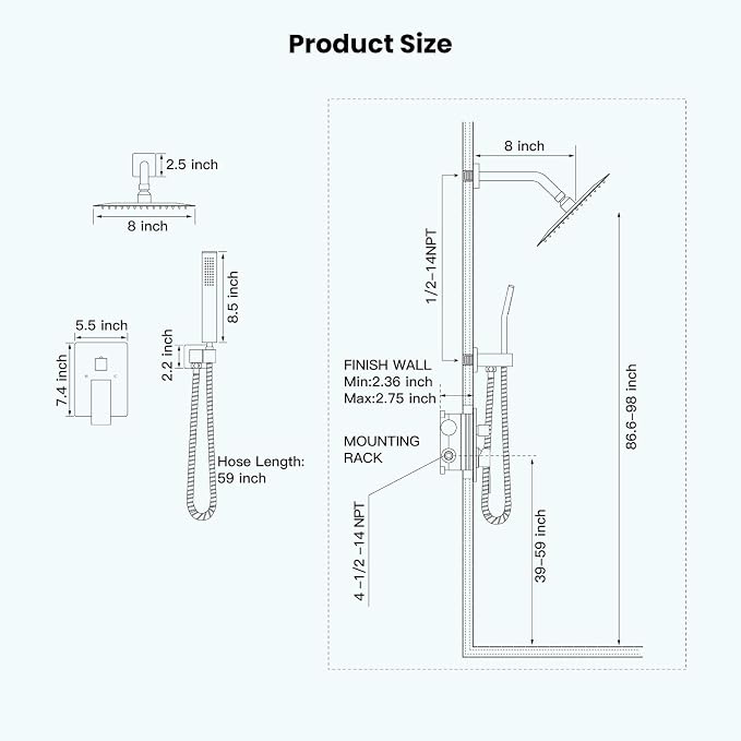 gotonovo Shower Faucet Set with Handheld Spray Brushed Gold,8'' Head | SUS304 Rainfall Shower Head and Handle Set System Fixture,Pressure Balance Valve Trim Kit,Single Handle,Wall Mount,All Metal