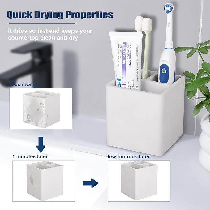 Diatomite Toothbrush Holders Tooth Brush Organizer - Grayish White | Water-Absorbent Material, 3 Slots for Electric Toothbrush and Toothpaste, for Bathroom Countertop, Shower, Vanity