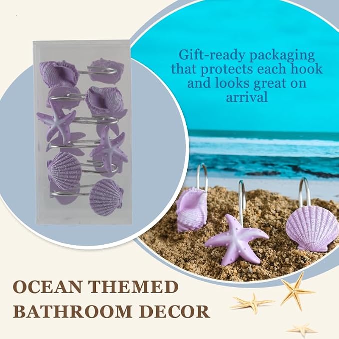 Seashell Shower Curtain Hooks 12pcs Beach Shower Curtain Rings Bath Shower Hooks Rust Proof Curtain Hangers Coastal Bathroom Accessories Decor