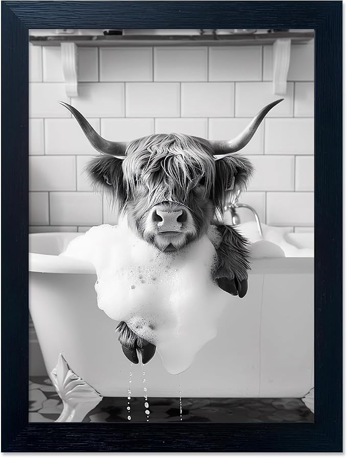 Highland Cow Bathroom Decor, Funny Bathroom Wall Art, Highland Cow in Bathtub Farmhouse Canvas Print, Black and White Cow Pictures Wall Decor, Framed Animal Pint Artworks for Wall