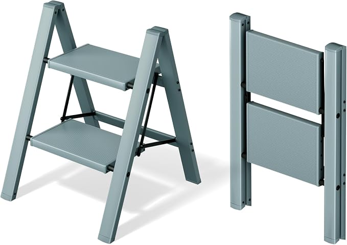 Mayi Plus 2 Step Stool Foldable, Aluminum, Lightweight Step Ladder | Extra-wide anti-slip folding steps with 330 lbs, for home,kitchen,office,outdoor,Blue
