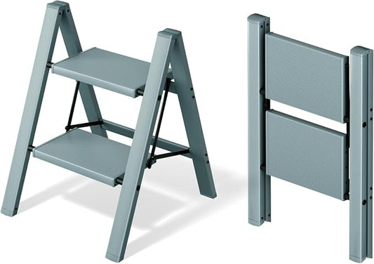 Mayi Plus 2 Step Stool Foldable, Aluminum, Lightweight Step Ladder | Extra-wide anti-slip folding steps with 330 lbs, for home,kitchen,office,outdoor,Blue