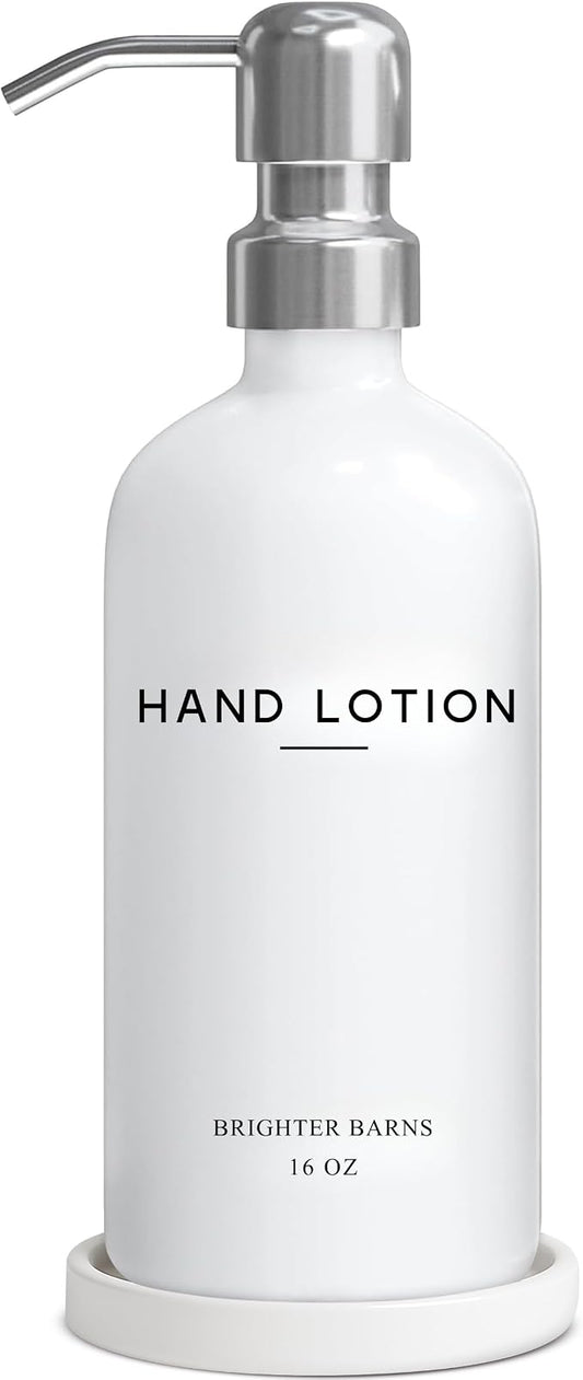 White Glass Lotion Dispenser with Pump Bathroom Set by Brighter Barns - Hand Lotion Dispenser Set with Tray - Modern Bathroom Accessories for Guest House, Hotel, Spa, Restaurant, Airbnb, Gift (White)