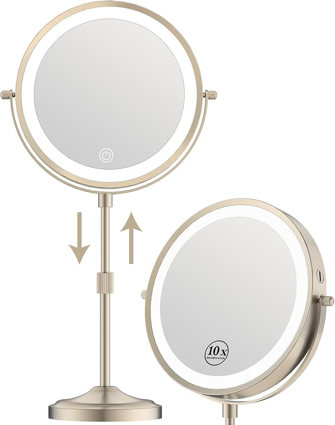9" Lighted Makeup Mirror with 1X 10X Magnification, Brushed Nickel Finish | 5000mAh Rechargeable Magnifying Vanity Mirror Height Adjustable,Light Up,3 Colors,Dimmable,Cordless,Tall Telescoping Stand