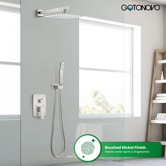 gotonovo Shower Faucet Set with Handheld Spray Brushed Nickel,10'' Head | SUS304 Rainfall Shower Head and Handle Set System Fixture,Pressure Balance Valve Trim Kit,Single Handle,Wall Mount,All Metal
