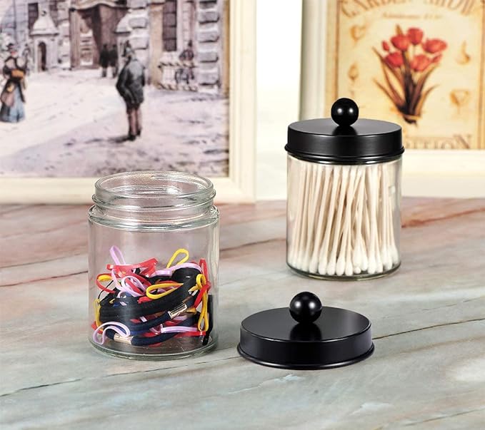 Amolliar Glass Apothecary Jar Qtip Holder Metal Lids 4pc/Black | Bathroom Decor Countertop Vanity Storage Organizer Set for q tip holder,Cotton Swabs/Rounds,Makeup Sponges,Cute Stickers