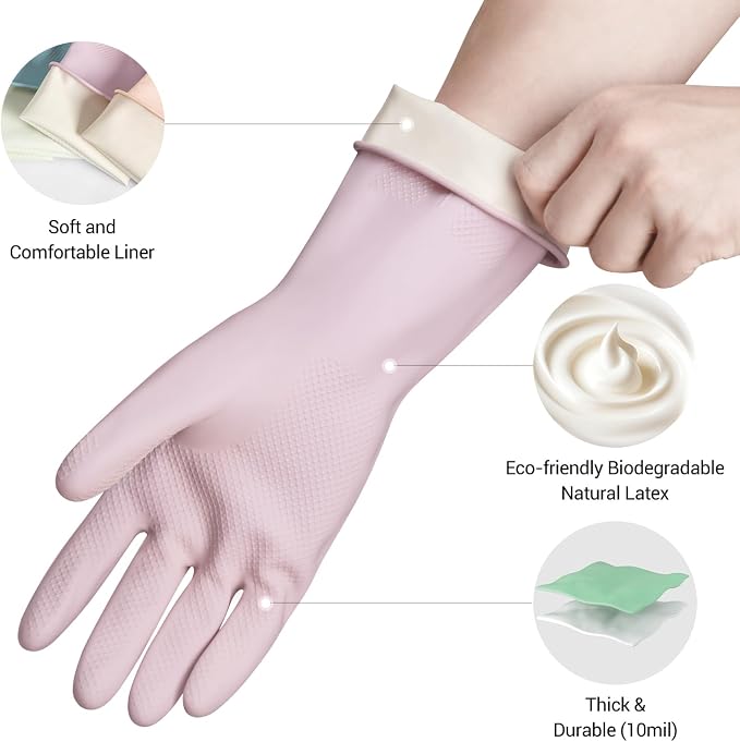 ThxToms 4 Pairs Reusable Dishwashing Cleaning Gloves,10 Mil Thick, 13" | Non-Slip Rubber Kitchen Gloves, Multi-Color, Ideal for Household, Bathroom, Pet Care & Gardening, Medium
