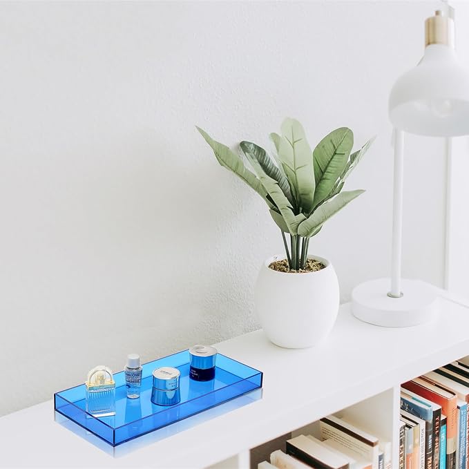 ROYALITA Acrylic Tray for Countertop, Guest Towel Holder Tray for Bathroom | Vanity Trays for Napkin Perfume Jewelry Makeup, Bathroom Tray for Soap Dispenser, Aromatherapy, Cup & Candle, Blue