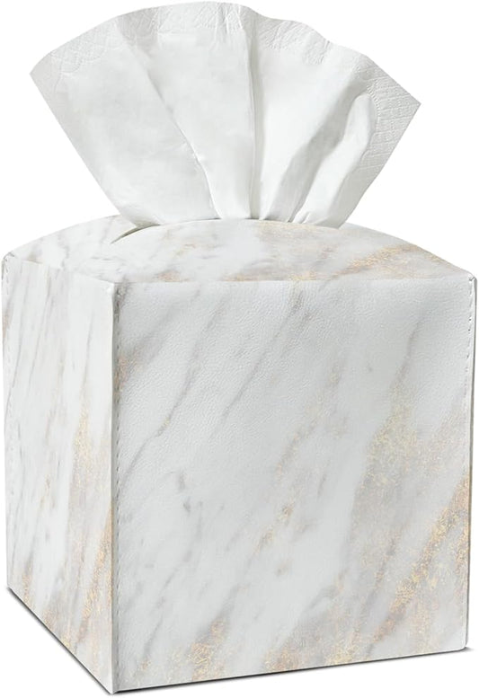 White Gold Marble Tissue Box Covers Square, Leather Tissue Box Holders Decorative for Car Nightstand Home Office Bathroom Organizer, Square Facial Paper Organizer Home Decor -014