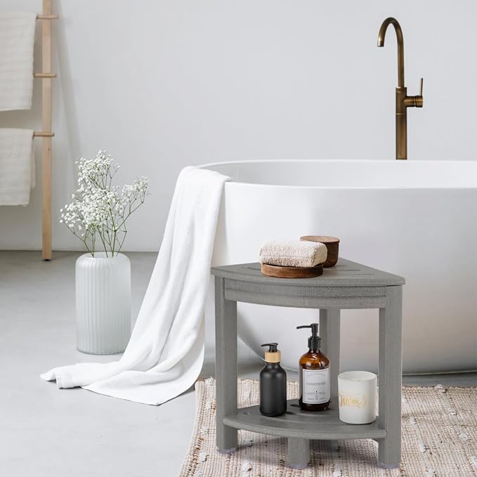 Apolimi HDPE Corner Shower Stool,Shower Bench Seat with Storage Shelf for Shaving Legs Plastic Spa Bath Step Foot Rest for Bathroom Small Place (Grey)