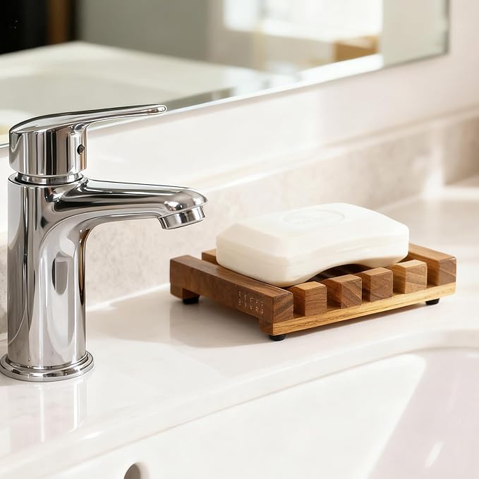 HTB Slotted Bar Soap Holder Teak Wood for Bathroom | Kitchen Wooden Sponge Holder, Self Draining Soap Dish for Shower, Sink, Bathroom, Bathtub, RV,Soap Saver Keep Soap Dry