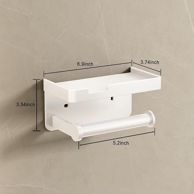 VOLDRA Toilet Paper Holder with Phone Shelf, Self-Adhesive or Screw Toilet Tissue Roll Holder Wall Mount, Rustproof & Multifunctional Bathroom Toilet Paper Holder Storage Dispenser(White)