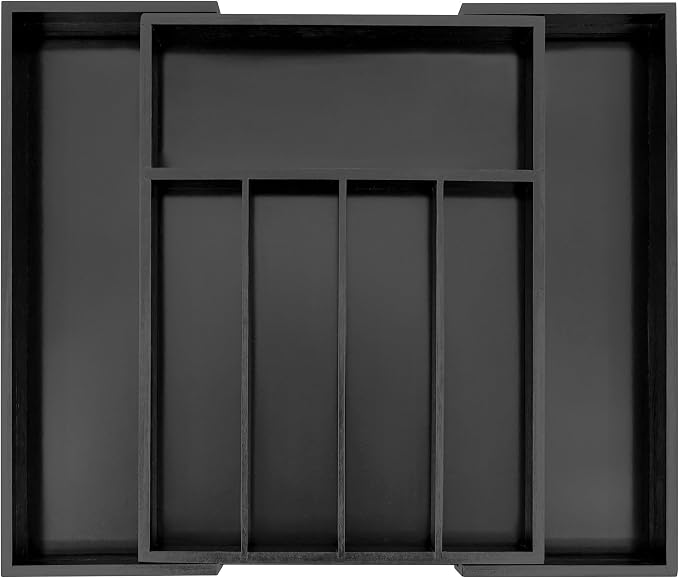 VaeFae Bamboo Drawer Organizer, Medium, Black | Wooden Utensil Holder for Forks Knives, 38 cm D x 29.2-45.7 cm W, 5-7 Slots, Black