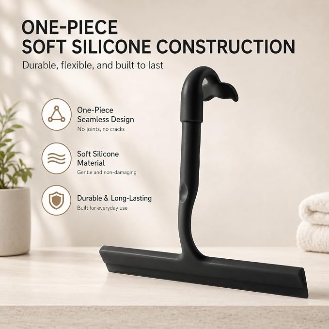 Shower Squeegee for Glass Doors, 10-Inch Silicone, Fishtail Hook, Black | One-Piece Silicone Squeegee for Shower Glass, Fishtail Hook, Non-Slip Grip, Quiet Glide; Tile, Mirrors, Windows & Car Glass
