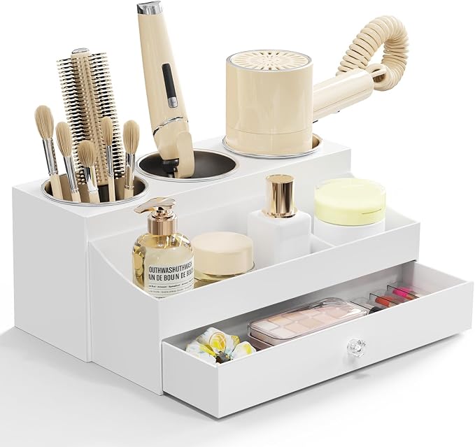 GFWARE Hot Hair Styling Tool Organizer with Drawer & 3 Cooling Cups, White | Bathroom Vanity Storage, Hair Styling Accessorier Hair Dryer, Blow Dryer, Curling Iron, Flat Iron, Hair Straightener
