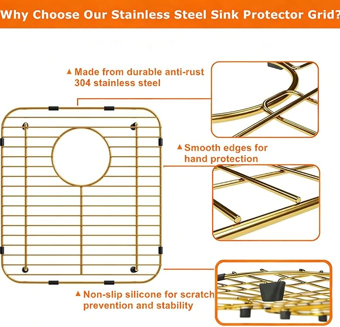 Slideep Sink Bottom Grid for Kitchen, Stainless Steel Sink Protector Metal Sink Grate with Rear Hole, 13"L x 11.6"W, Gold