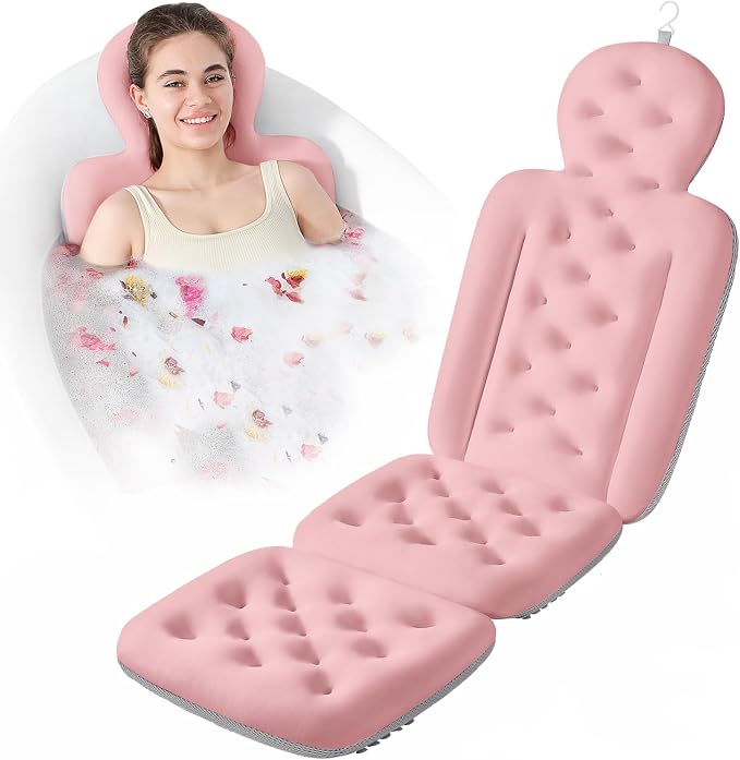 Luxury Bath Cushion, Full Body Bathtub Pillow with 160 Suction Cups, Bath Mat for Head and Neck Support, with Laundry Bag (Light Pink, 51" x 16")