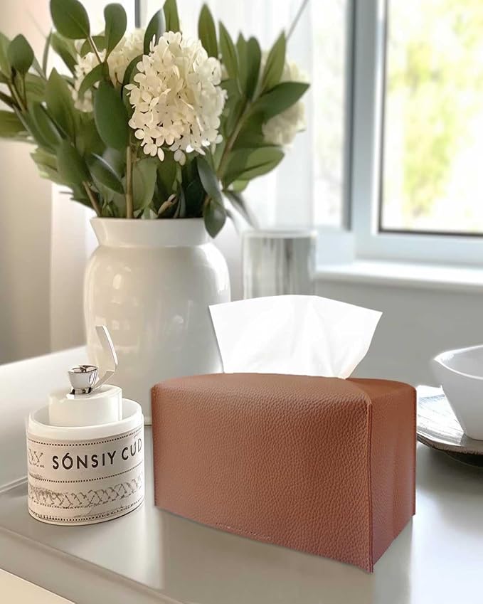 Rectangle Tissue Box Cover Brown - Normal Size Leather Rectangular Tissue Box Cover [JESMINI] Faux Leather Tissue Box Holder Long for Normal Rectangular Facial Tissue Box