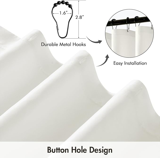 ANRODUO White Linen Textured Fabric Shower Curtain Set - W72xL84 | Farmhouse Shower Curtain with 12 Metal Hooks, Waterproof Heavy Duty, Button Hole Design, Machine Washable for Bathroom