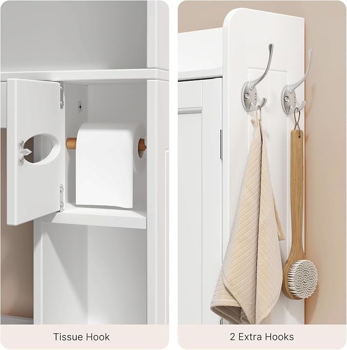 Over The Toilet Storage Cabinet, 32.3" W x 70.3" H, White | Over Toilet Bathroom Organizer with Doors, Adjustable Shelves, Toilet Paper Holder, 2 Side Hooks, for Bathroom, Laundry