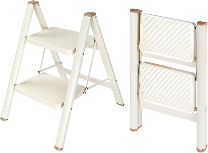 Valeo 2 Step Ladder,Lightweight Folding Step Stool with Wide Anti-Slip Pedal, 330LBS Capacity, Heavy Duty,Sturdy Iron Metal Step Stool for Home, Kitchen, Closet, Adults, Cream White