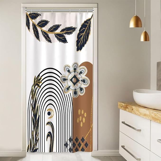 Black and Gold Boho Stall Shower Curtain with Hooks 36x72 Inch | Waterproof Small Abstract Black Arch Leaves Bathroom Curtain for Shower Stall, Machine Washable
