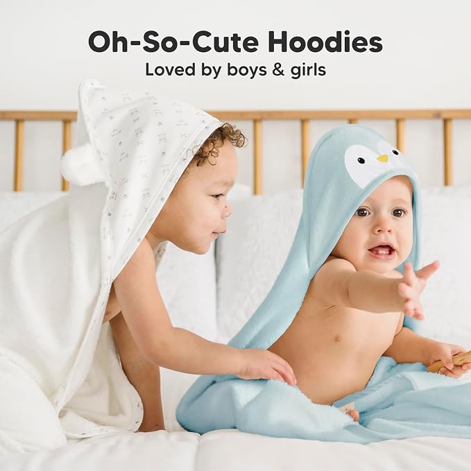 KeaBabies Hooded Baby Towel for Newborn, Baby Bath Towels (Penguin, 35x35) | Viscose Derived from Bamboo, Large Baby Towels with Hood, Boys, Girls, Toddler, Soft Absorbent Baby Bath Essentials