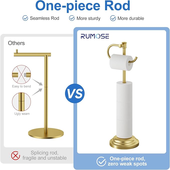 RUMOSE Toilet Paper Holder Stand for Floor Free Standing, Gold | Bathroom Freestanding Toilet Tissue Roll Holder with Storage, Adjustable 17-25 Inch, Rustproof, SUS304 Stainless Steel