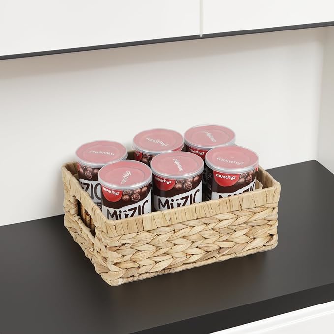 Wicker Baskets, Water Hyacinth Baskets for Organizing, Rattan Woven Baskets | Organizer Bins with Built-in Handles, Rectangular Storage Baskets for Shelves, Closet and Bathroom Organizer