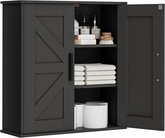Homleke Bathroom Wall Cabinet, Medicine Cabinet with Adjustable Shelves | 3-Tier Wall Mounted Over Toilet Storage with Barn Doors, for Bathroom, Kitchen, Entryway, Laundry Room, Black, (7.9" D)