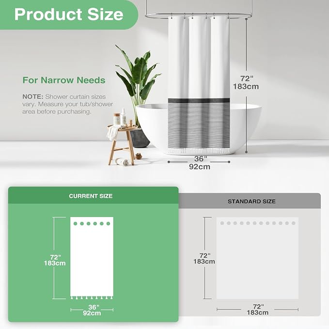 Stall Fabric Shower Curtain - Modern Farmhouse Black and White Striped Cloth Shower Curtain with Boho Tassels, Small Hotel Luxury Bathroom Shower Curtain Set with 6 Hooks - W36 X H72