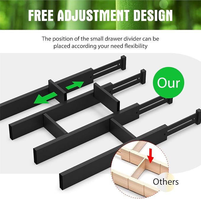 Bamboo Drawer Dividers Organizers, Expandable Drawer Separators Splitter,17-22 inches Long Adjustable Spring-loaded Organizer for Large Utensil, Clothes, Tools Drawers (Black)