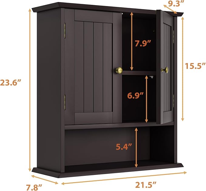 Bathroom Wall Cabinet, Over the Toilet Storage Cabinet with 2 Doors and Adjustable Shelf, Wooden Medicine Cabinet Wall Mounted, Room Space Saver for Bathroom Kitchen