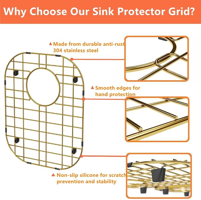 Universal Double Bowl Sink Protection Grid with Rear Drain, Kitchen Sink Bottom Grid with Strainers, 14.57" x 11.22" x 1.25", Gold