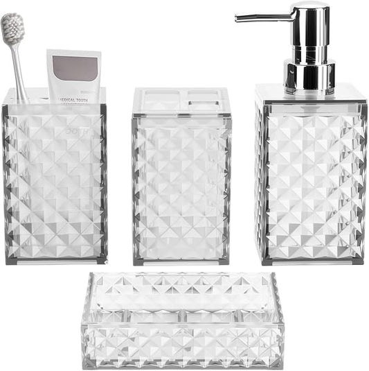 Bathroom Accessory Set, Grid Pattern 4 Pcs Plastic Bathroom Set, White | Include Soap Dispenser, Soap Dish, Toothbrush Holder, Mouthwash Cup, Modern Bathroom Decor Set