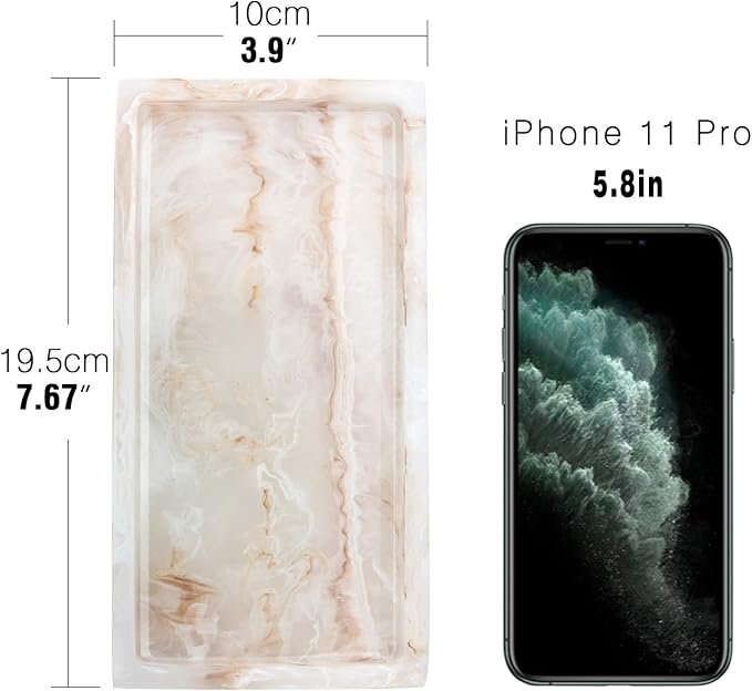 Emibele Bathroom Vanity Tray Countertop, 8" Rectangular Marble Resin Tray | Dresser Kitchen Sink Tray, for Jewelry Cosmetic Perfume Soap Candle, Compact Lightweight Waterproof, Mini Size, Ink Khaki