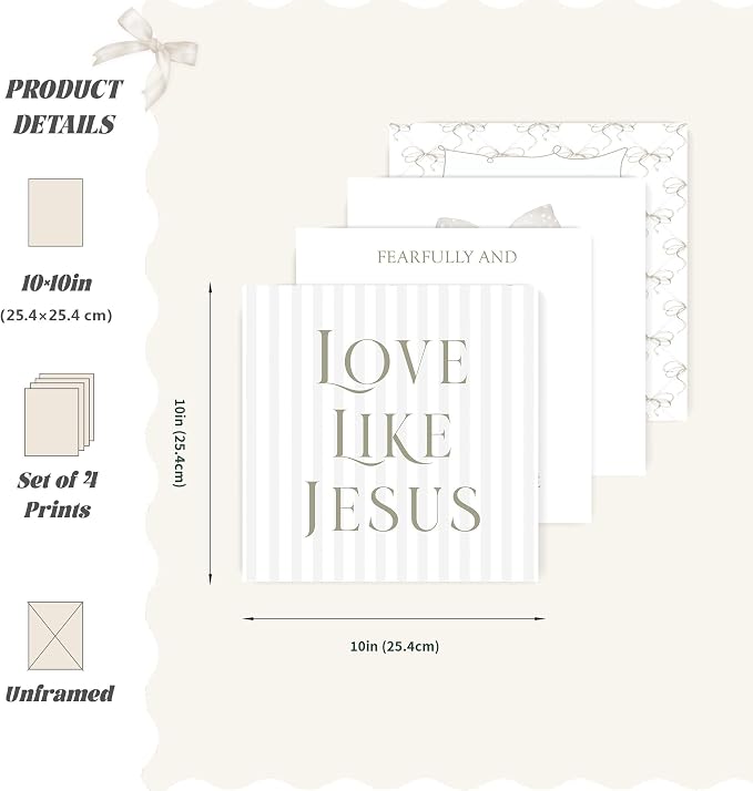LARTSFRO Coquette Beige Bow Jesus Wall Art Decor Posters, Beige Bow Christian Room Bedroom Bathroom Wall Art Decor Aesthetic for Teen Girls Gifts, Inspirational Bible Verses Bow Wall Decor, 10x10 Inch Set of 4 Bow Pictures (UNFRAMED)