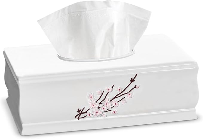 Creative Scents Vanda Rectangle Tissue Box Cover with Bottom Slider | White Tissue Box Holder Rectangular Cherry Blossom Design White Bathroom Accessories Decor