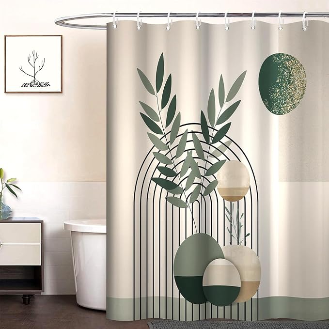 Mid Century Sage Green Shower Curtain for Bathroom 72x84 Inch | Waterproof Abstract Green and Beige Shower Curtain Set with Hooks, Mid Century Bathroom Decor