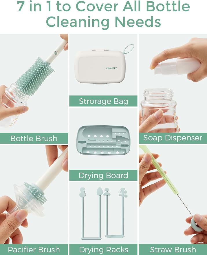 Momcozy 7-in-1 Baby Bottle Brush Set with Drying Rack, Green | Silicone Nipple Straw Brushes, Soap Dispenser Storage Box, Foldable Drain Rack, Portable Bag, BPA-Free, Home & Travel
