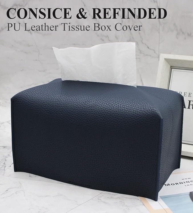 Livelab Tissue Box Cover, Rectangular Modern Decorative PU Leather Tissue Box Case Organizer Holder for Vanity Countertop, Night Stands, Livingroom, Office Desk & Car 9.5X5X5'' | Navy Blue