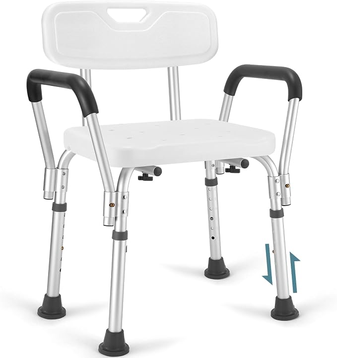 Heavy Duty Shower Chair for Elderly & Disabled with Padded Armrests & Back | Tool-free assembly adjustable height shower seat for inside shower. Provides secure, comfortable support for handicap adults